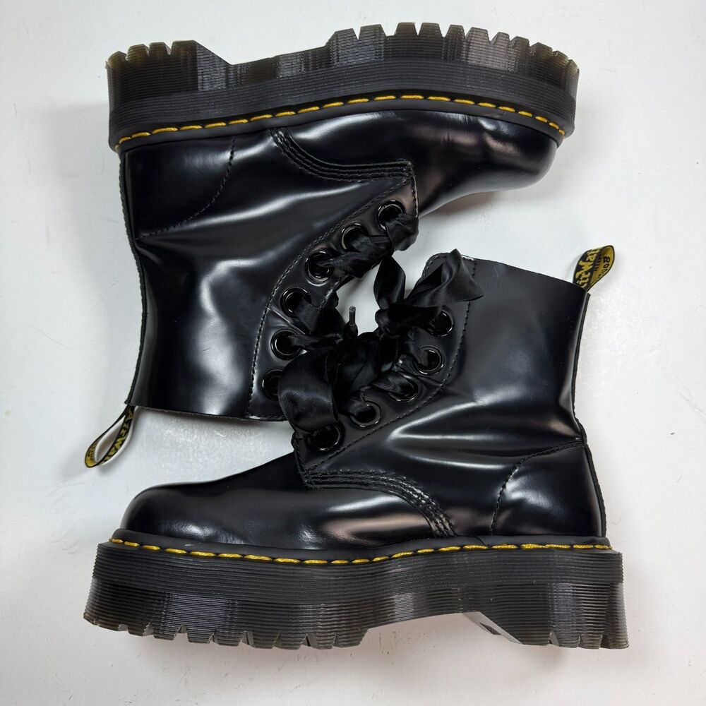 Dr. Martens Molly Platform Boots Women's Size 8 Black Ribbon Lace Up Leather